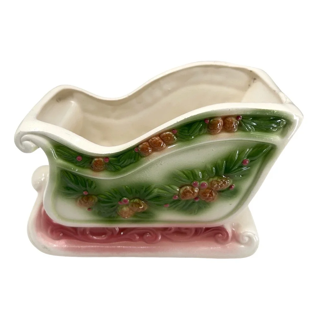 vintage Napcoware Ceramic Christmas Sleigh Planter Vase Holder Pine Cone Holiday